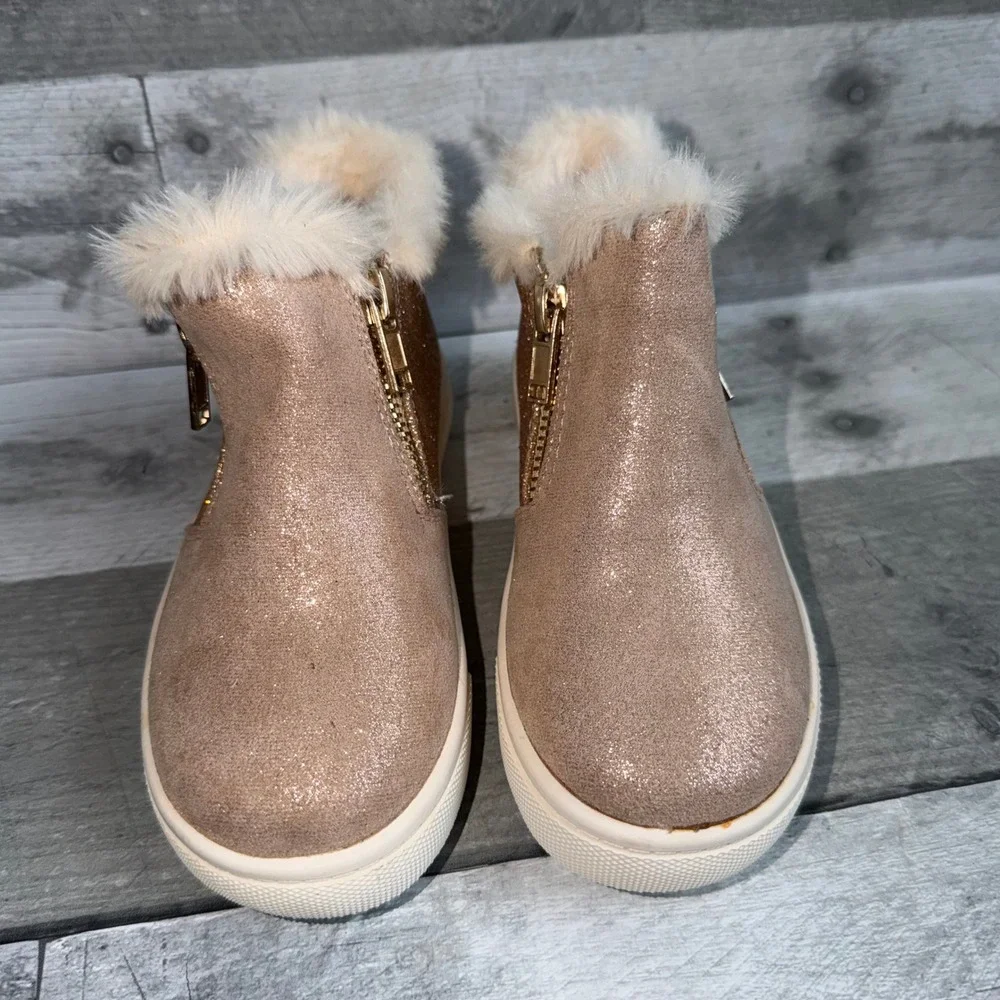 Maggie & Zoe Kids Girls Rose Gold Glitter Faux Fur Trim Ankle Boots Size 9